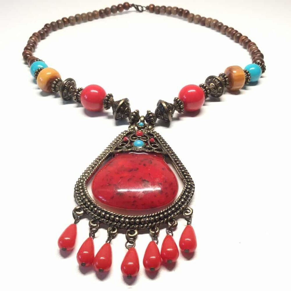 Vintage style Bohemian Tribal Statement Red Stone Ethnic Beaded Necklace